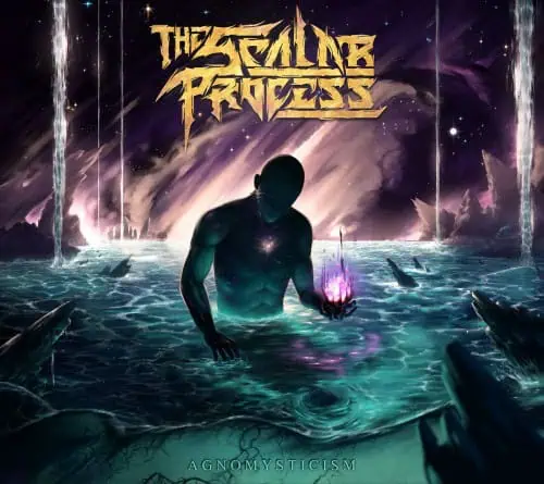 Dark muscular figure rises from glowing turquoise water, holding a purple orb; jagged ice, starry sky, and a moody album title above.