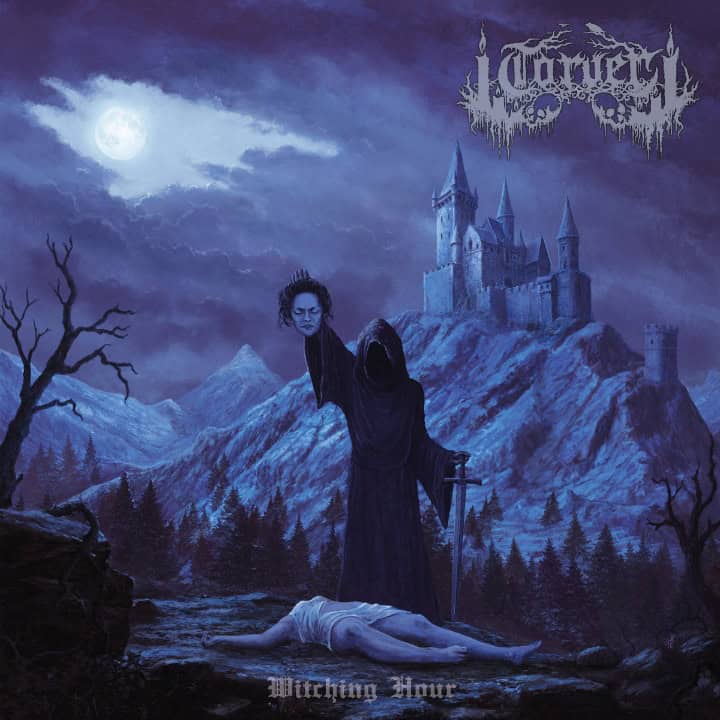 Moonlit blue night scene: hooded figure holds a severed head and sword over a lifeless body, with a distant castle on a hill and bare trees.