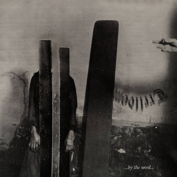 Monochrome image of a shadowed figure standing between two tall vertical boards, with a pointing hand visible on the right and the caption '...by the word...'.