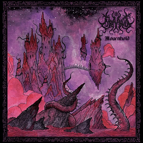 Album cover: purple alien landscape with jagged red spires, twisting tentacles, a circular ring, ornate border, and the 'Mournhold' title.