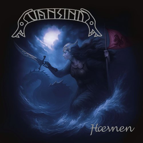 Fantasy album cover: horned female warrior with a sword and flag battling a cresting wave under a moonlit sky in dark blue tones.