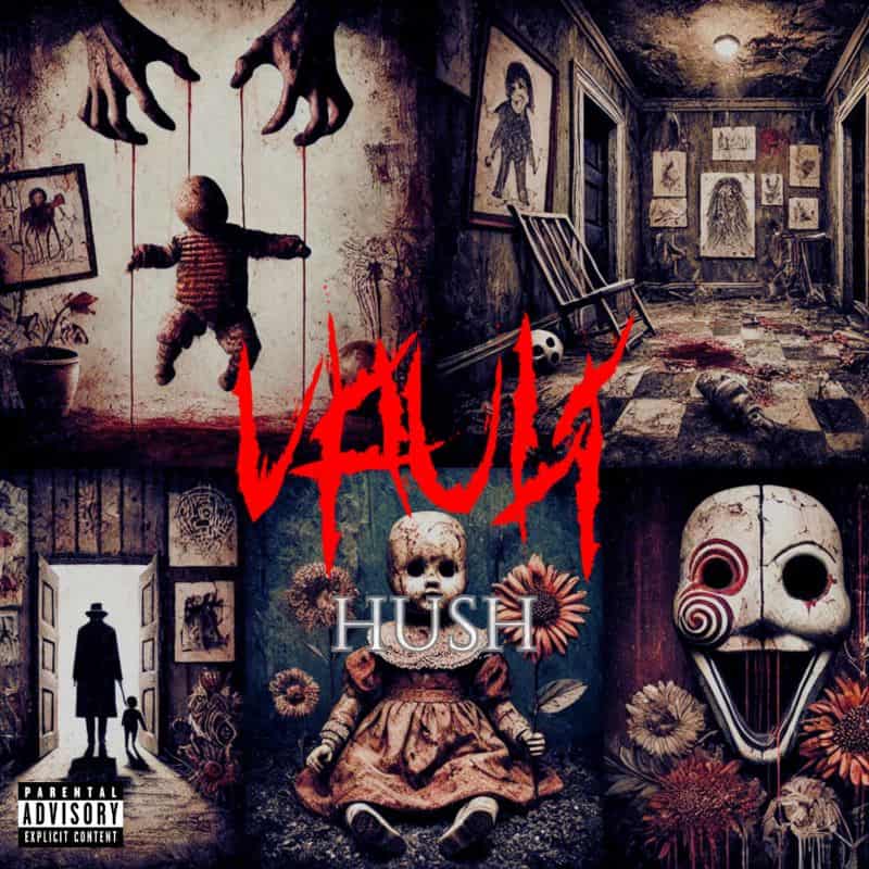 Horror-themed album cover with creepy dolls, a masked figure, and a dark hallway; bold red jagged title across the center.