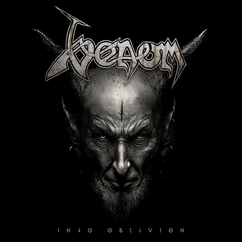 Dark metal album cover showing a grayscale, sinister demon face against black, with the Venom logo above and 'Into Oblivion' below.