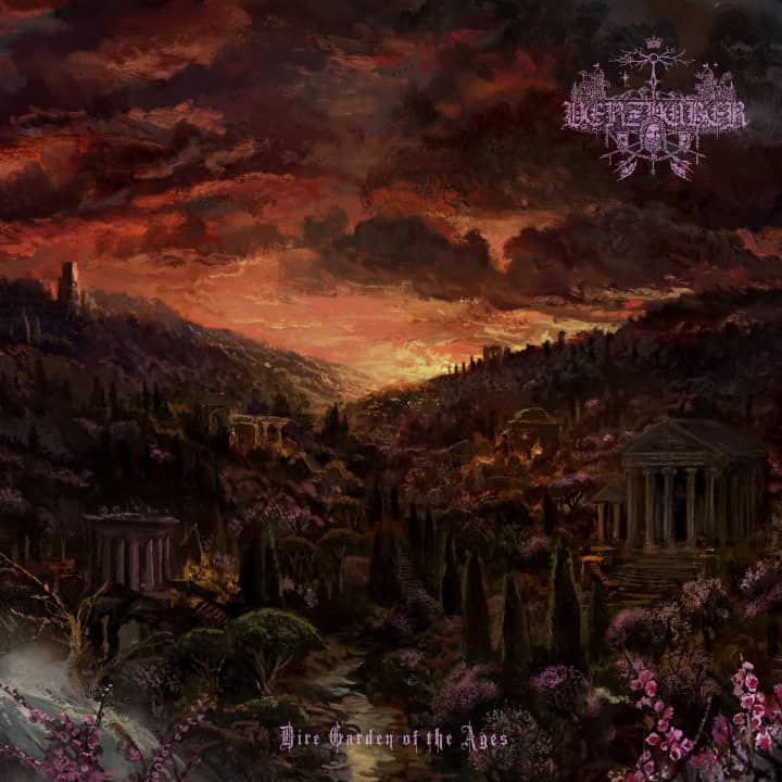 Dark fantasy landscape album cover: crimson sunset over ruined temples and lush overgrowth, with ornate logo in the top-right and title at the bottom.