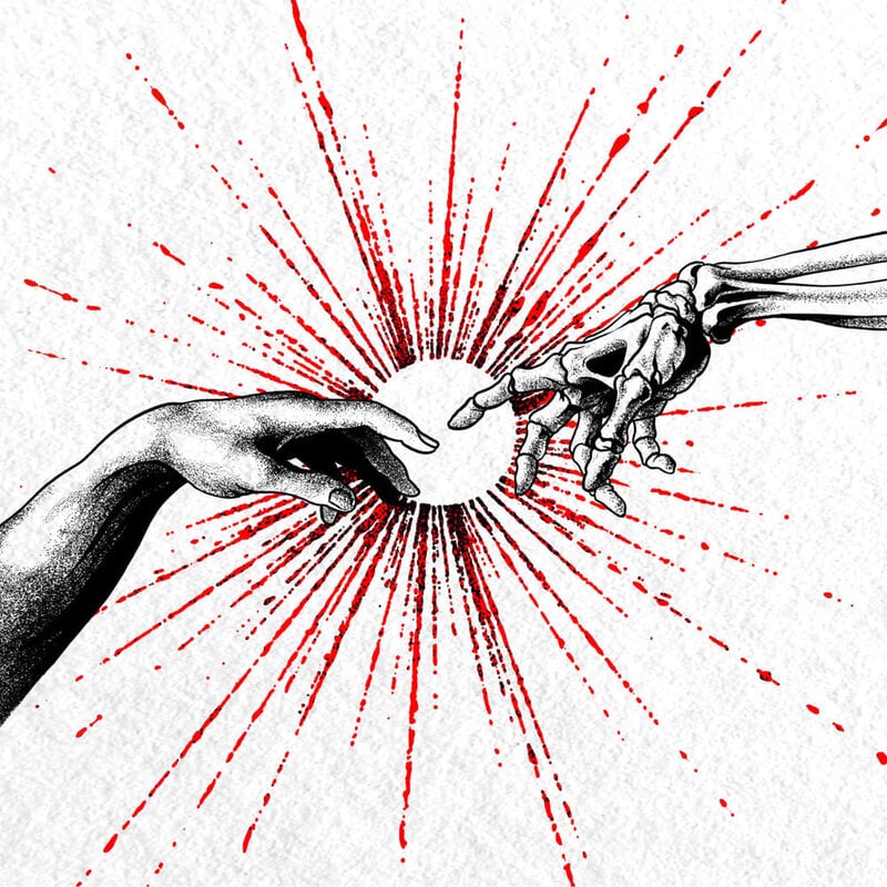 Human hand reaching toward a skeletal hand with a red radiating burst behind them, symbolizing life and death.