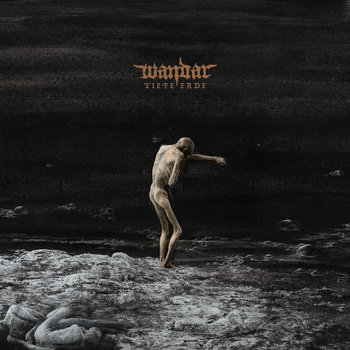 Minimalist album art: a pale, nude man stands on a rocky shoreline against a dark horizon, with a stylized gold logo at the top.