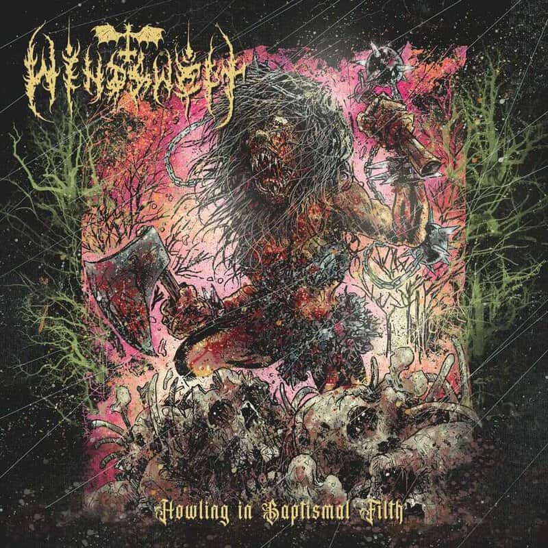 Brutal metal album cover: a monstrous, bloodied warrior with an axe rises from a pile of corpses in a pink-green swamp.