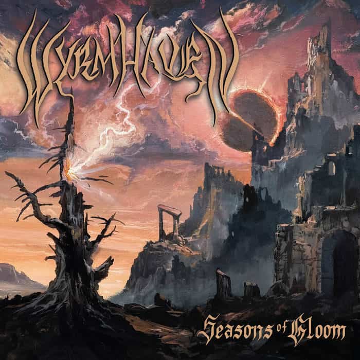 Album cover depicting a ruined, shadowy landscape at sunset with a large eclipse, dead trees, and crumbling towers; stylized band name at top and 'Seasons of Doom' at bottom right.
