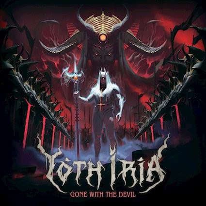 Demon lord with massive horns and glowing red eye standing in a fiery, smoky hellscape; artistically stylized band logo at the bottom with the subtitle 'Gone with the Devil'.