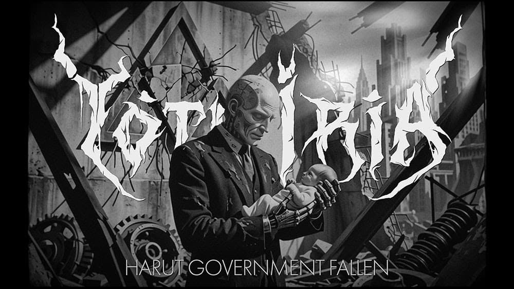 Grayscale album cover showing a suited man with a pale mask holding a baby amid ruined machinery and debris, with a jagged band logo above the scene concepts of dystopia.