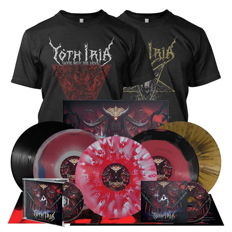 Two black band T‑shirts with intricate logos and red/gold artwork, plus a full metal‑music vinyl and CD merch set behind them.