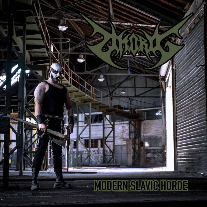 Muscular man with white face paint and black tank top stands in a dilapidated industrial space, holding a large axe; band logo above him.