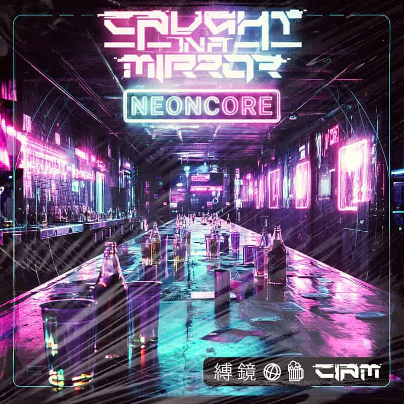 Futuristic neon nightclub interior with a long reflective bar, pink and cyan lights, bottles on the counter, and a glowing 'NEONCORE' sign.