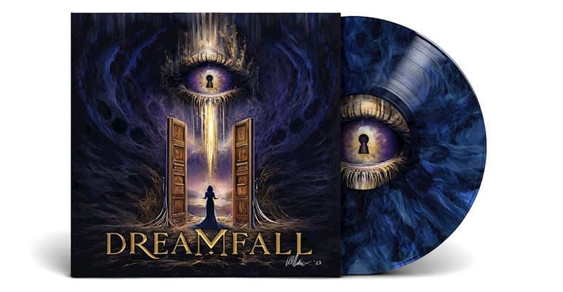 Dreamfall vinyl album cover showing two wooden doors opening to a glowing horizon with a giant eye above, dark blue magical backdrop.