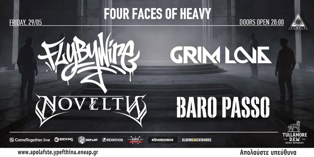 Poster for a live music event titled 'Four Faces of Heavy' with four band names and 'Doors Open 20:00'; Friday 29/05 on top left.