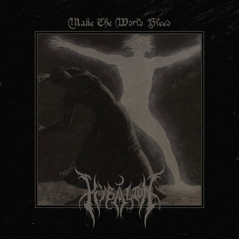 Album cover for 'Make The Words Bleed' featuring a grayscale, silhouetted figure with arms spread on a rocky outcrop, framed by a double border.