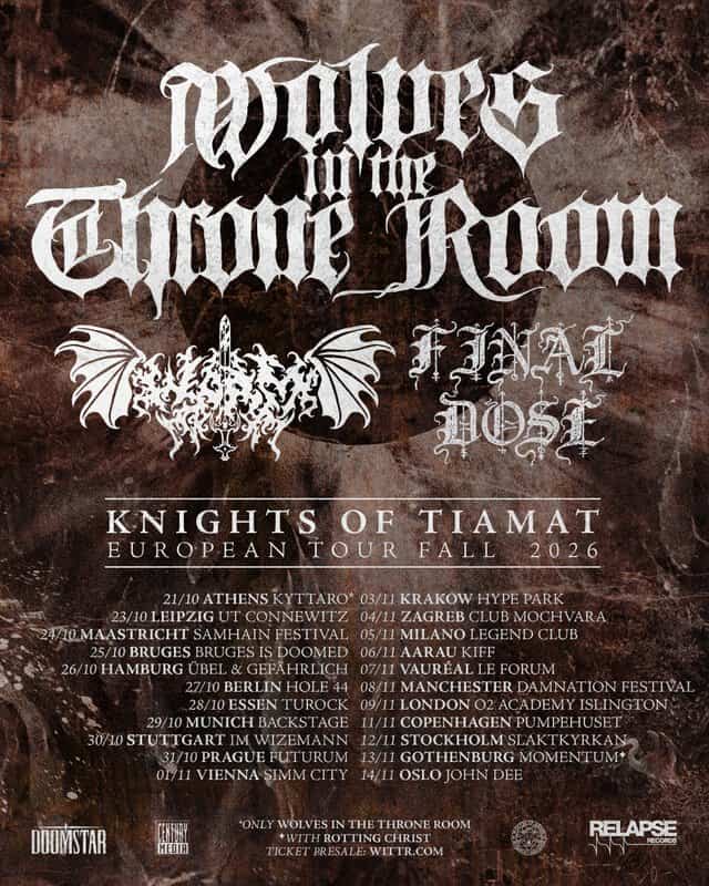 Concert poster for Wolves in the Throne Room European tour 2026, with band logos and a long list of European tour dates.