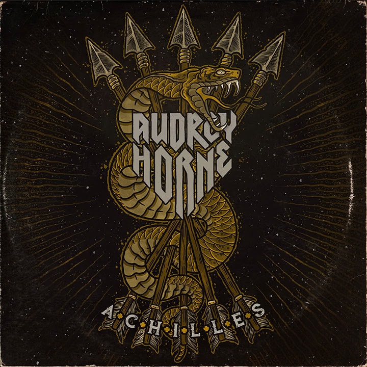 Dark metal album cover with a golden coiled serpent wrapped around six spears against a starry black background; jagged band name text in the center and 'Achilles' at the bottom.