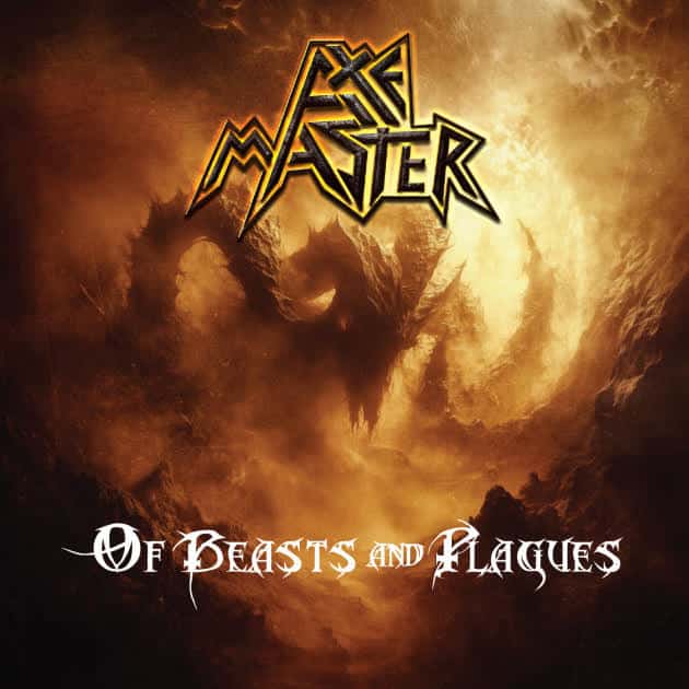 Album cover with a fiery orange background, a dragon silhouette, and jagged yellow band logo at top with 'Of Beasts and Plagues' at bottom.