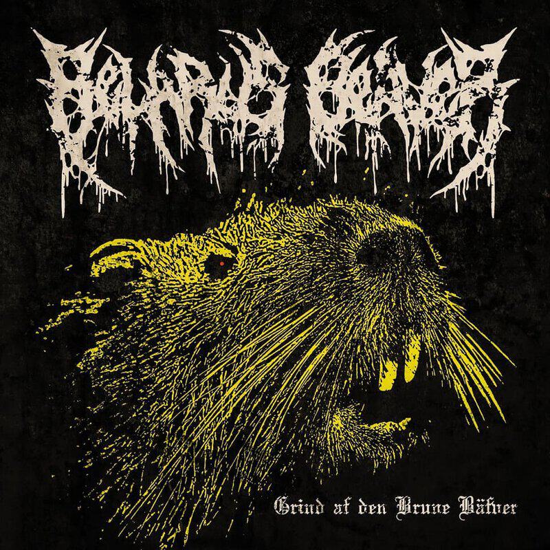 Album cover with a yellow rat head silhouette on black, a jagged white metal logo above, and gothic text at the bottom suggesting a brutal death metal theme.