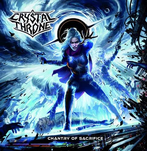 Crystal Throne album cover showing a blue-clad female warriorChanneling ice power with weapons, title 'Chantry of Sacrifice' at bottom center