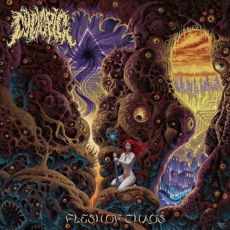 Nude woman kneeling with a blue staff in a surreal cave of numerous eyes, city skyline in the distance, album cover for Flesh of Chaos.