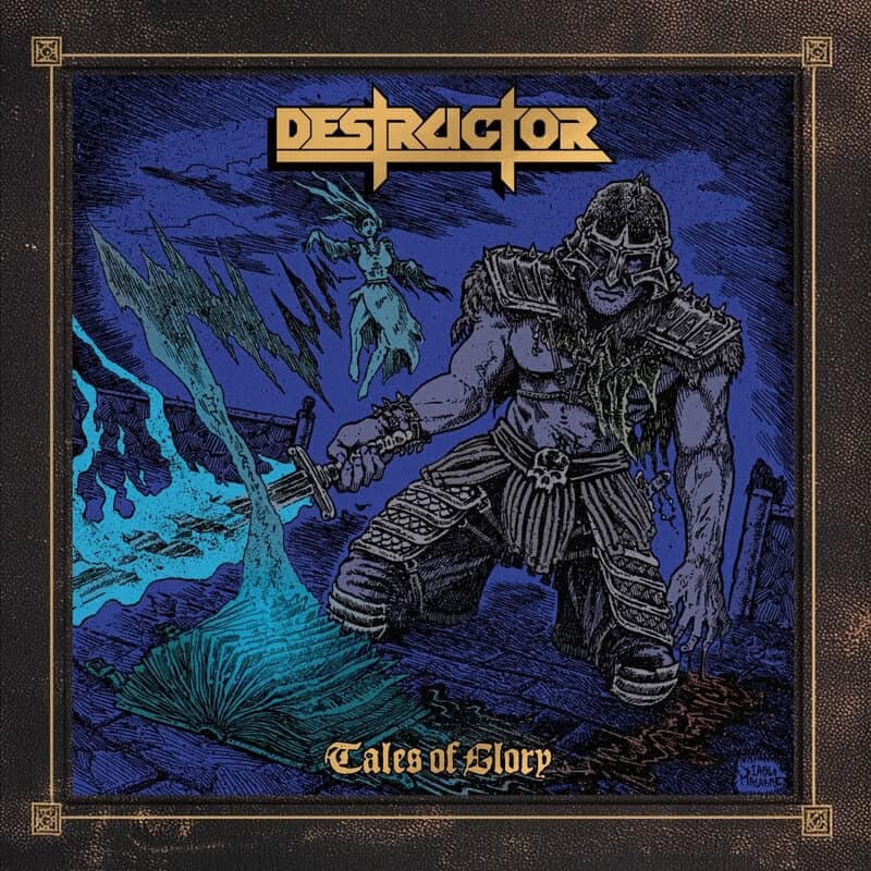 Album cover for Destroyer: Tales of Glory, showing a heavily armored warrior kneeling with a sword in a blue, jagged landscape.