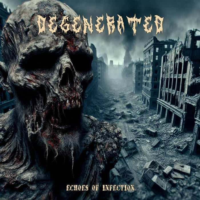 Album cover showing a decayed skull amid a ruined city with smoke, jagged-band name at the top, and 'Echoes of Infection' at the bottom.