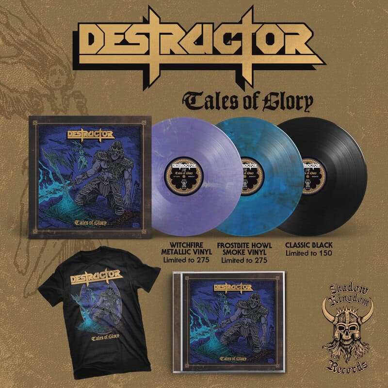 Promotional collage for Destructor's Tales of Glory: three colored vinyl records, album cover, and merch (shirt and cardboard sleeve). -- focuses on product lineup and branding