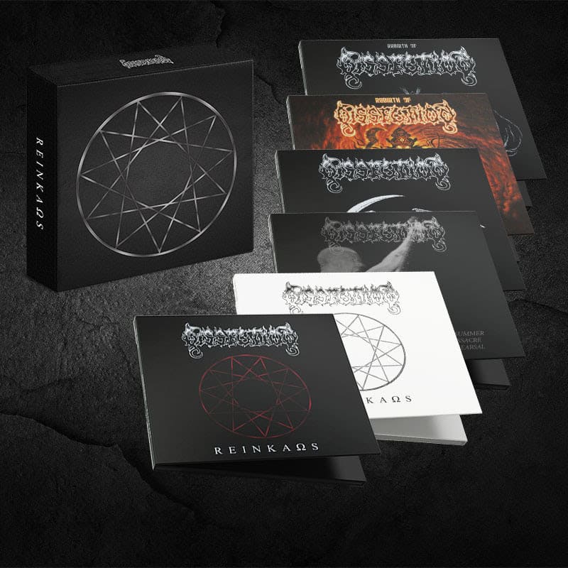 Black boxed music set with a geometric circular sigil on the cover, and several dark, art‑styled album cards fanned out on a textured surface.