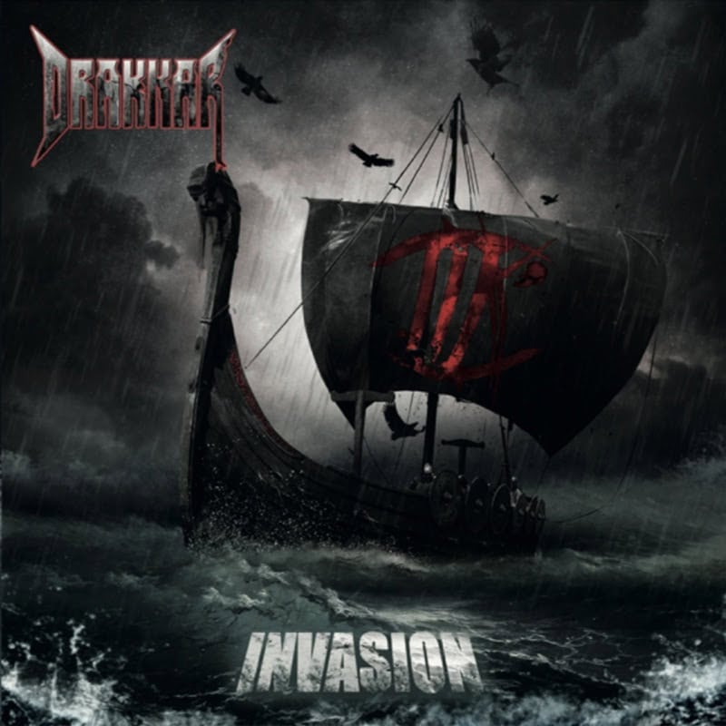 Dark stormy album cover with a Viking longship battling rough seas, a red symbol on the sail, and the word 'INVASION' at the bottom.