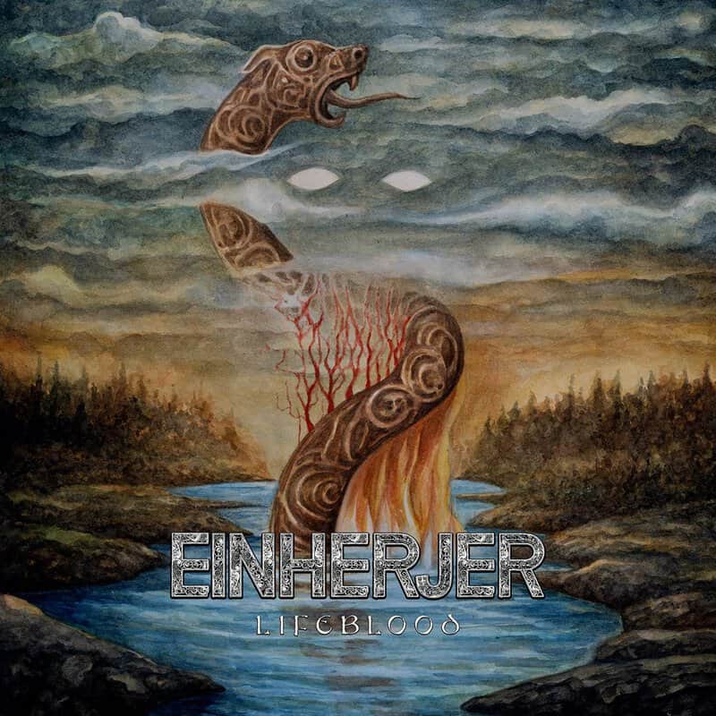 Album cover for Einherjer Lifeblood showing a stylized serpent-like creature breaking from water against a forested landscape at sunset, with metallic lettering.