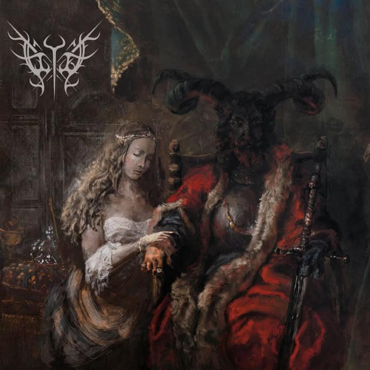 Fantasy painting of a pale woman in a white gown tending a horned, red-clad demon king seated on a throne, with a sword beside him and a dark, moody background.