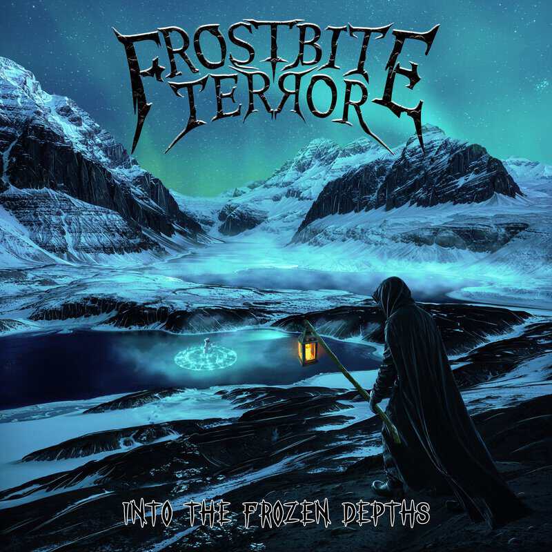 Album cover for Frostbite Terror: a hooded figure with a lantern overlooking a frozen valley under aurora and snow-capped mountains.