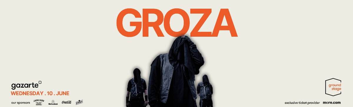 Promotional GROZA poster with oversized orange title and three hooded figures on a pale background; date Wednesday, June 10, and sponsor logos at the bottom left.
