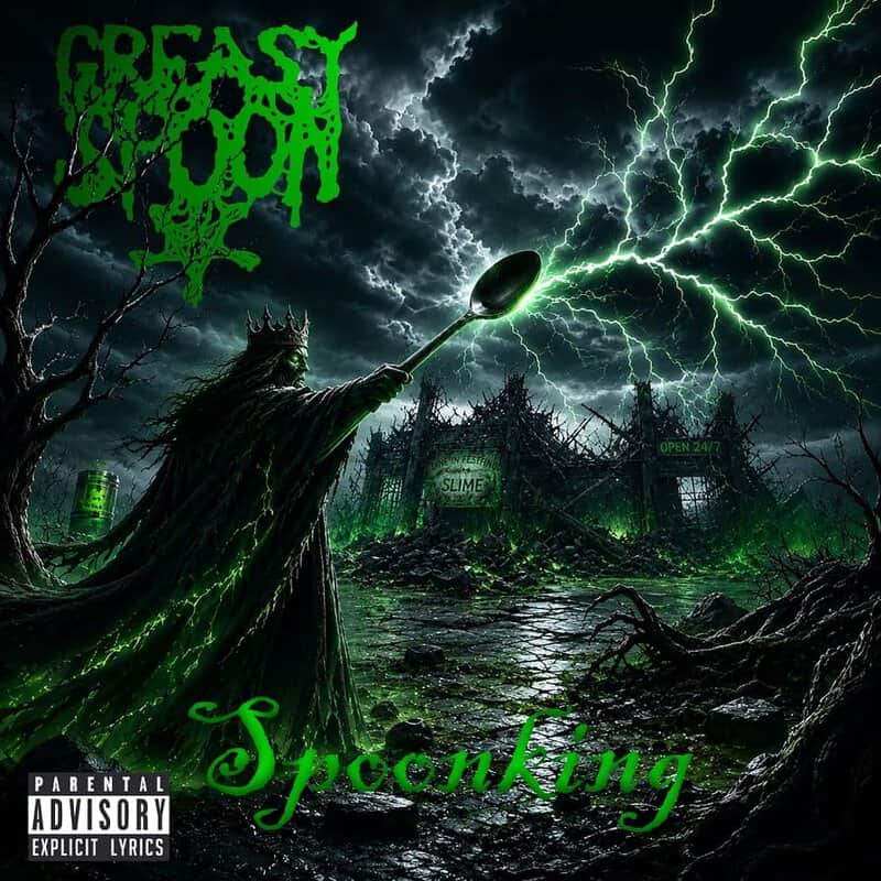 Album cover art for 'Spooking' showing a dark robed necromancer wielding a glowing green staff, green lightning across stormy skies, a swampy, slime-lit landscape, and a Parental Advisory label.