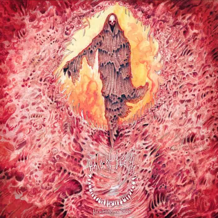 Hooded spectral figure emerging from fiery red and orange abstract background, in gothic art style.