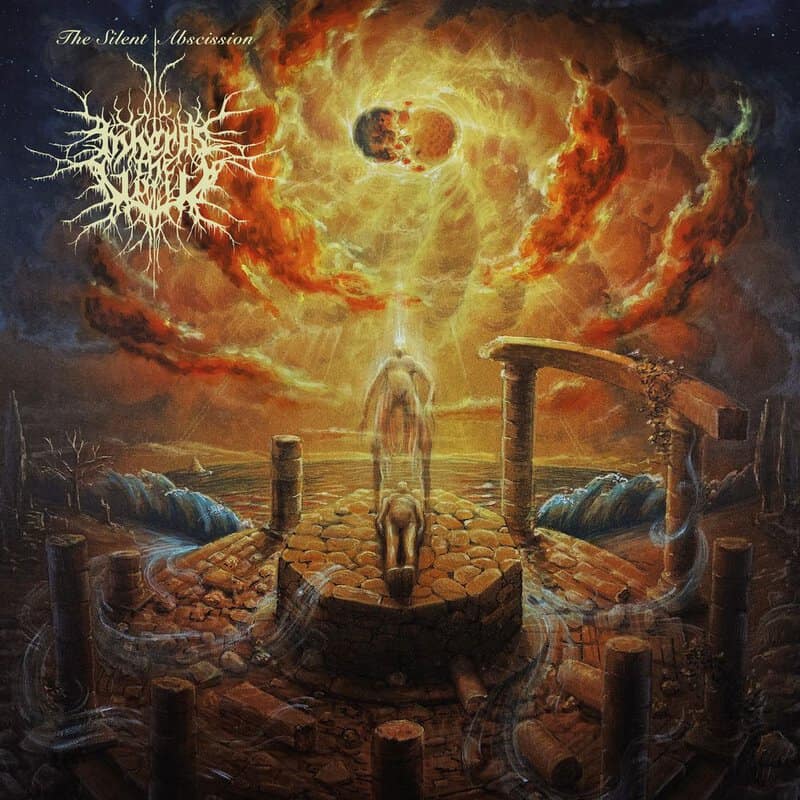 Surreal album art: a translucent figure rises from a circular stone platform as a kneeling person remains on the pedestal, under a fiery, ringed sky.