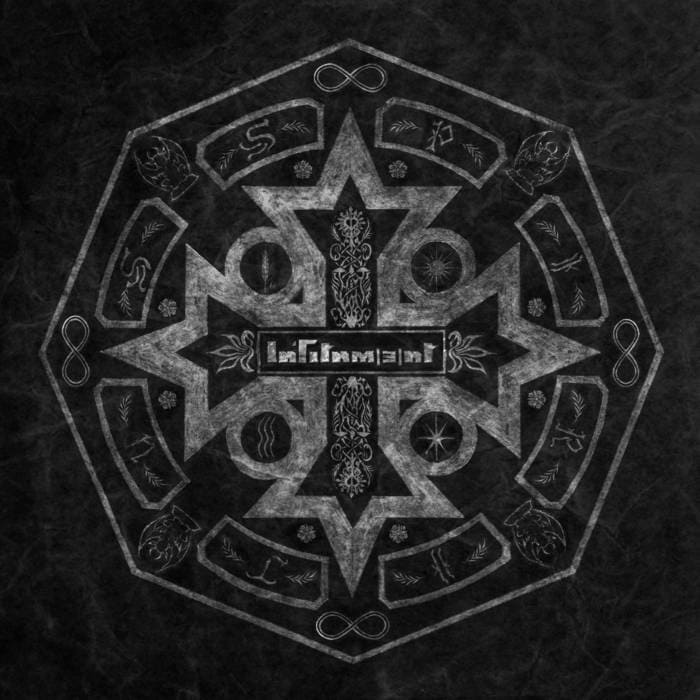 Decorative geometric mandala-style emblem with a distressed texture, resembling a band album cover.