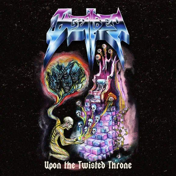 Album cover for an extreme metal release titled 'Upon the Twisted Throne' showing a skeletal figure by a purple stone throne against a starry black background with a glowing circular vision above.