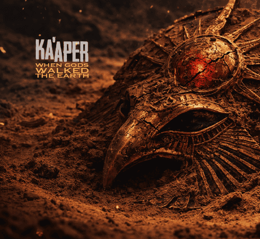 Bronze ornate mask half-buried in reddish dirt with the title 'KAAPER: When Gods Walked the Earth' on the left.