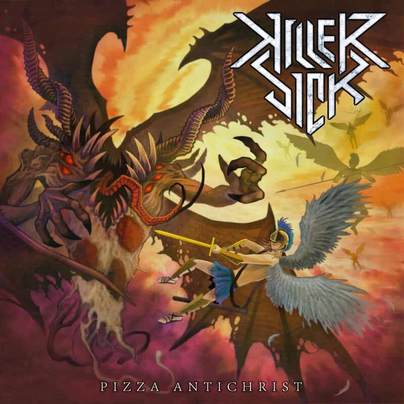 Fantasy battle on a dramatic sunset cover: winged archer clashes with a horned demon amid flames; album title at bottom.