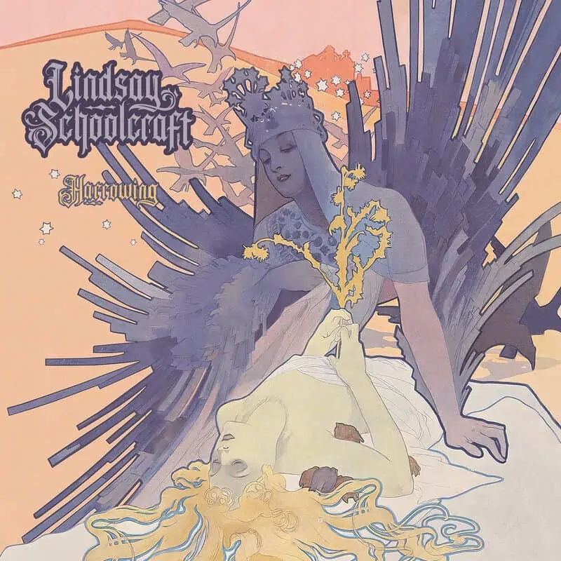 Album cover with a crowned blue-toned figure hovering over a sleeping blonde woman on a peach background, surrounded by dark, jagged shapes and soft stars.