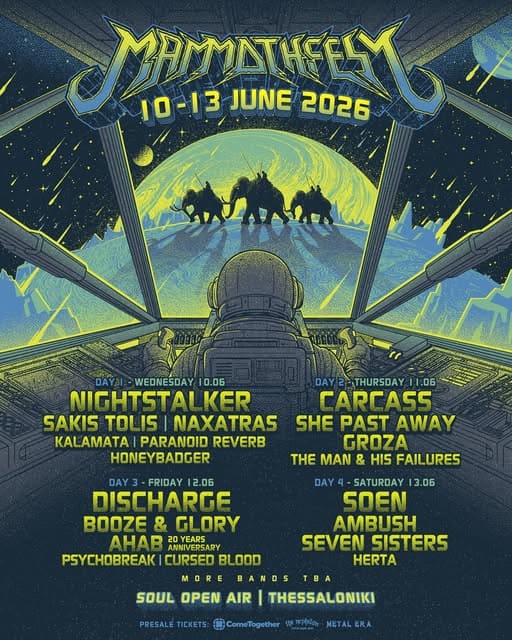 Poster for Mammothfest 2026 seen from a cockpit perspective with neon yellow band names and dates (June 10–13, 2026) against a space‑themed background and camel silhouettes far in the distance.