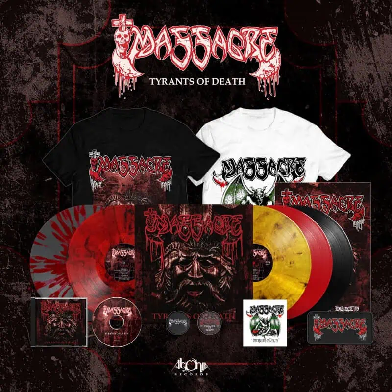 Band merchandise set for Massacre: black and white t‑shirts, vinyl records in red, yellow, and black, with dark, red-themed artwork and logo.