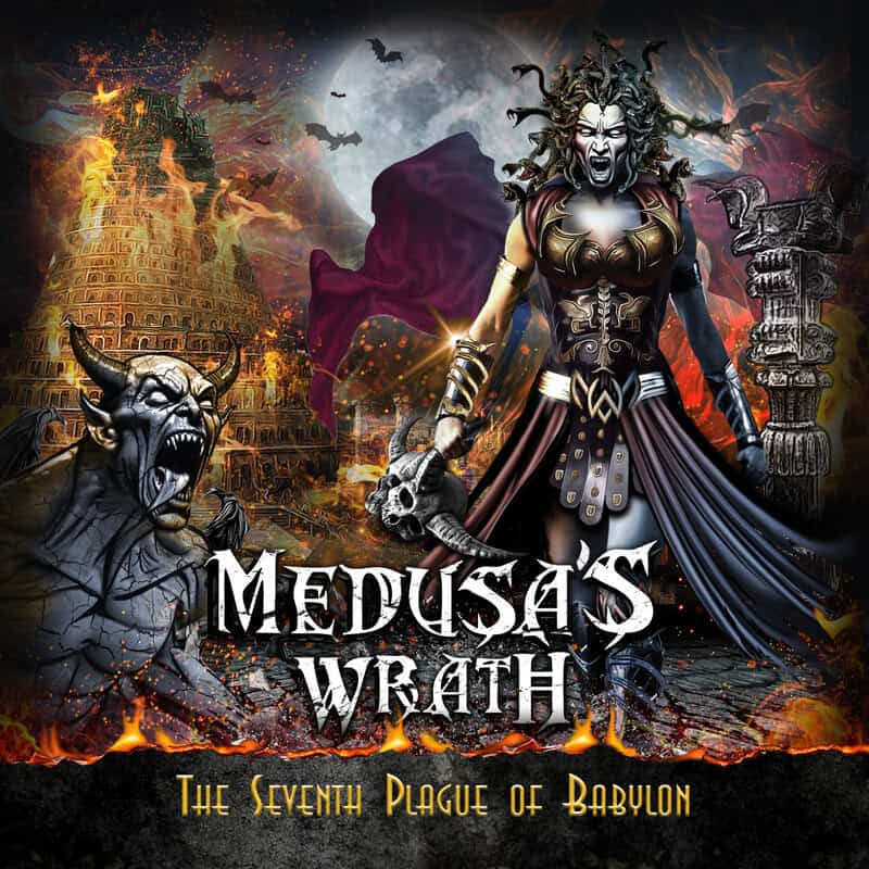 Dark fantasy poster showing a snarling armored villain with serpentine hair amid flames, ruins, and the title 'The Seventh Plague of Babylon' at the bottom.
