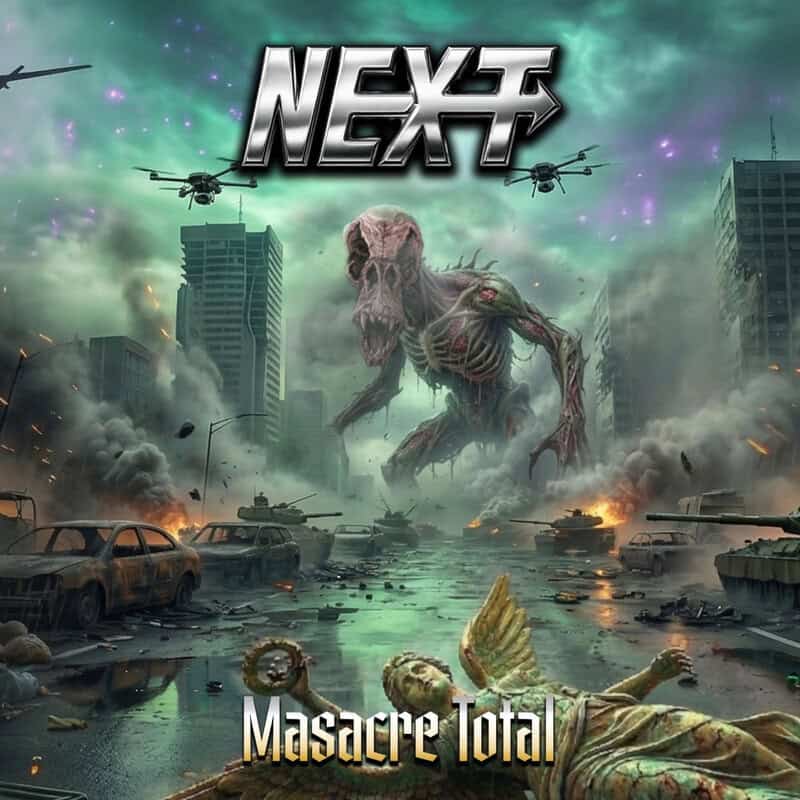 Cover art for a game showing a giant skeletal monster in a ruined city, with helicopters and tanks; title 'Next'.