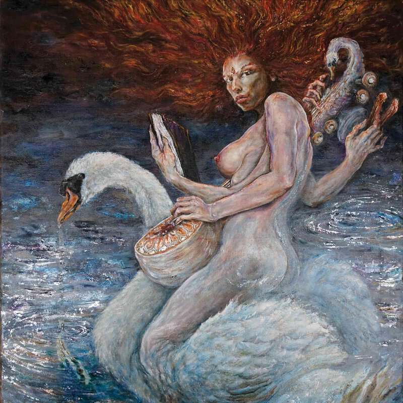 Topless woman with red hair reading a book, a white swan behind her in a turbulent seascape painting.