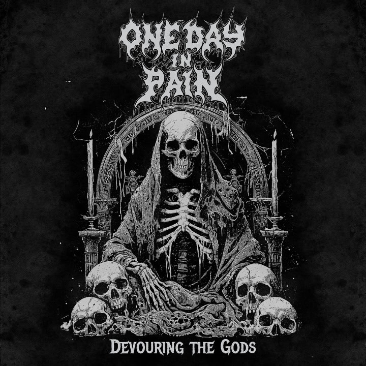 Grayscale metal artwork: a skeletal grim reaper on a throne, surrounded by skulls and candles; band logo above and 'Devouring the Gods' below.