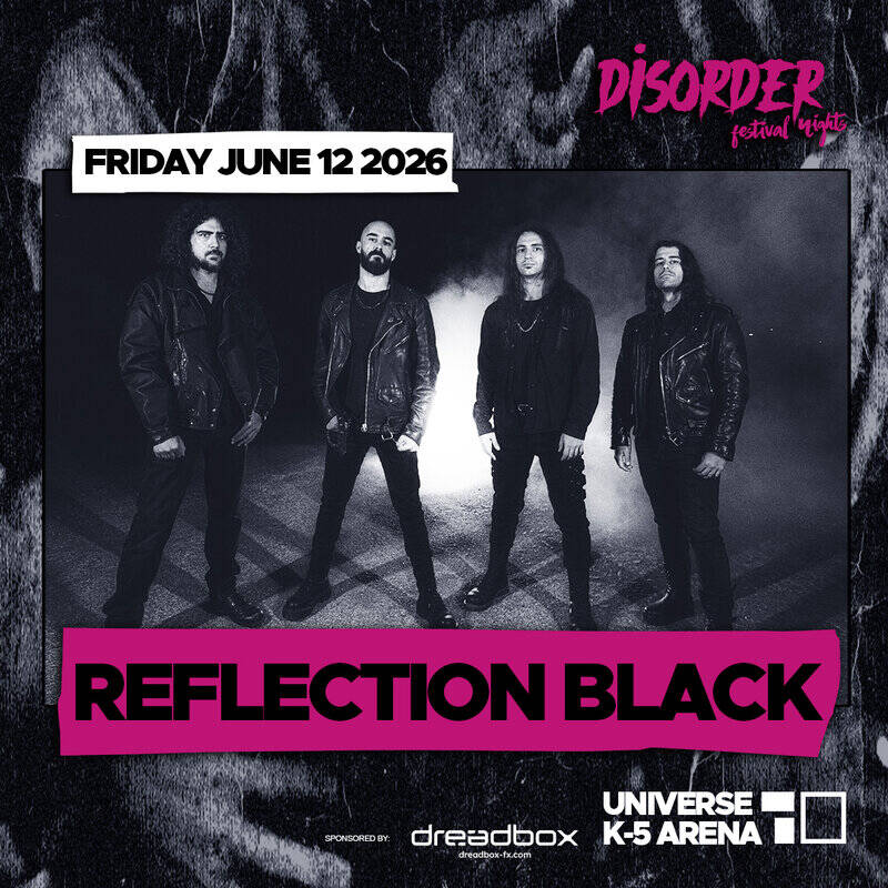 Poster for Disorder Festival Nights featuring the band Reflection Black; four men in black leather jackets stand in a smoky photo with a pink 'REFLECTION BLACK' banner above. The design includes the date Friday June 12, 2026 and venue cues in smaller text around the edges.